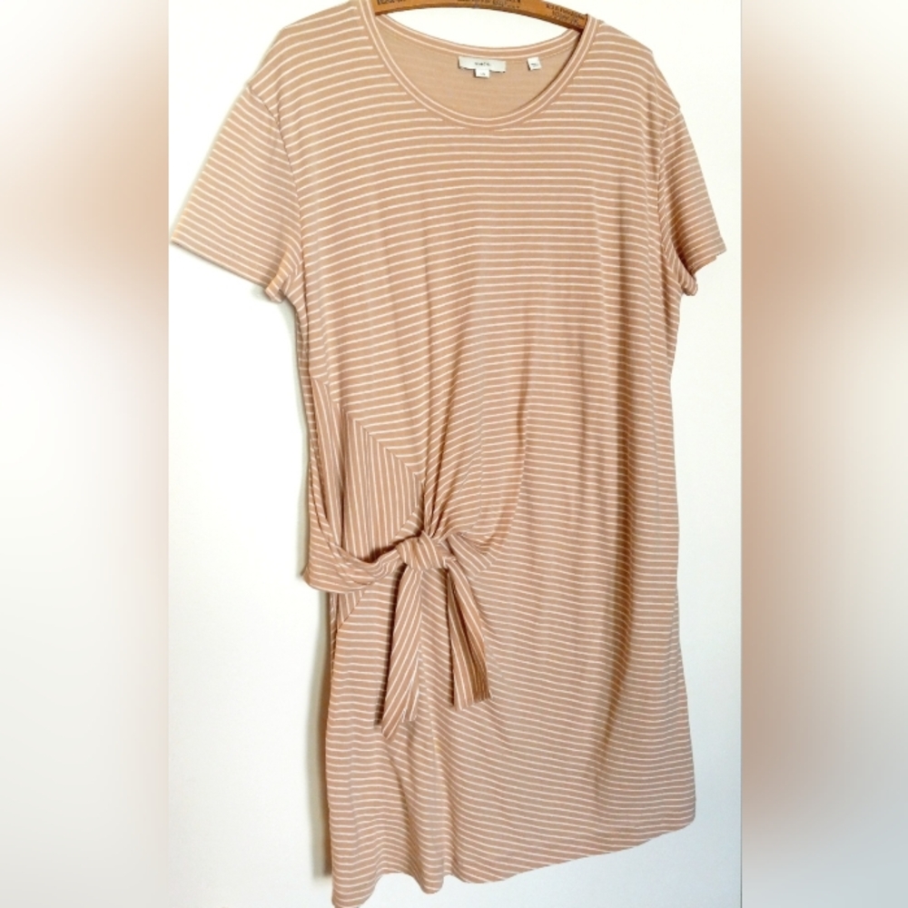 VINCE Casual Striped Cotton T-shirt Dress with Side Tie Detail Size Large